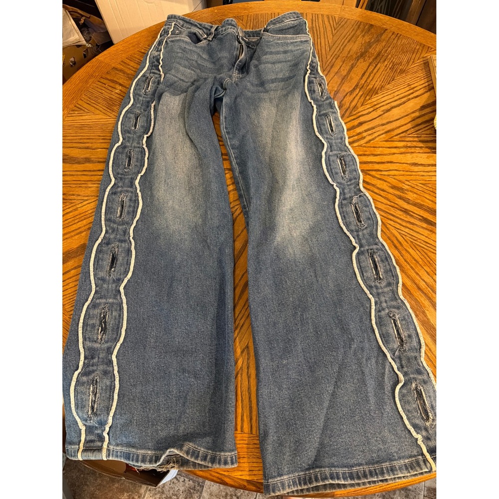 Sasha Therese Wide Leg Jeans Blue Distressed Scalloped Side Trim Womens Large